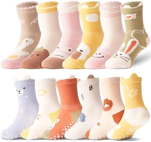 antsang 12 pairs baby girls boys toddlers kids grips socks crew cotton non slipanti skid grips socksfun animal3 5t