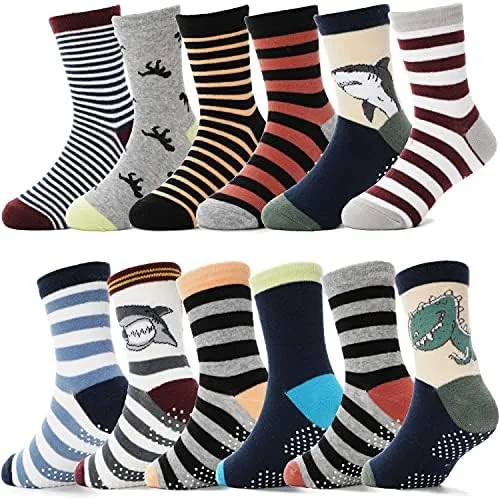 antsang baby boys grips socks kids toddlers infants non slipanti skid crew cotton socks 12 pairs brown striped12 pairs5 8 y